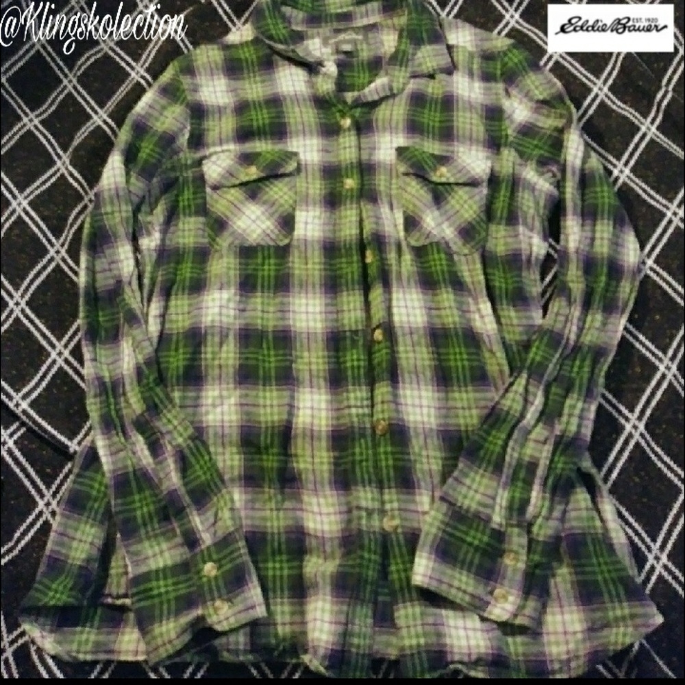 Eddie Bauer green/purple/white/black flannel